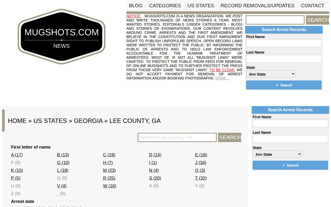 Historical or irregular unofficial Mugshots.com Lee County archive