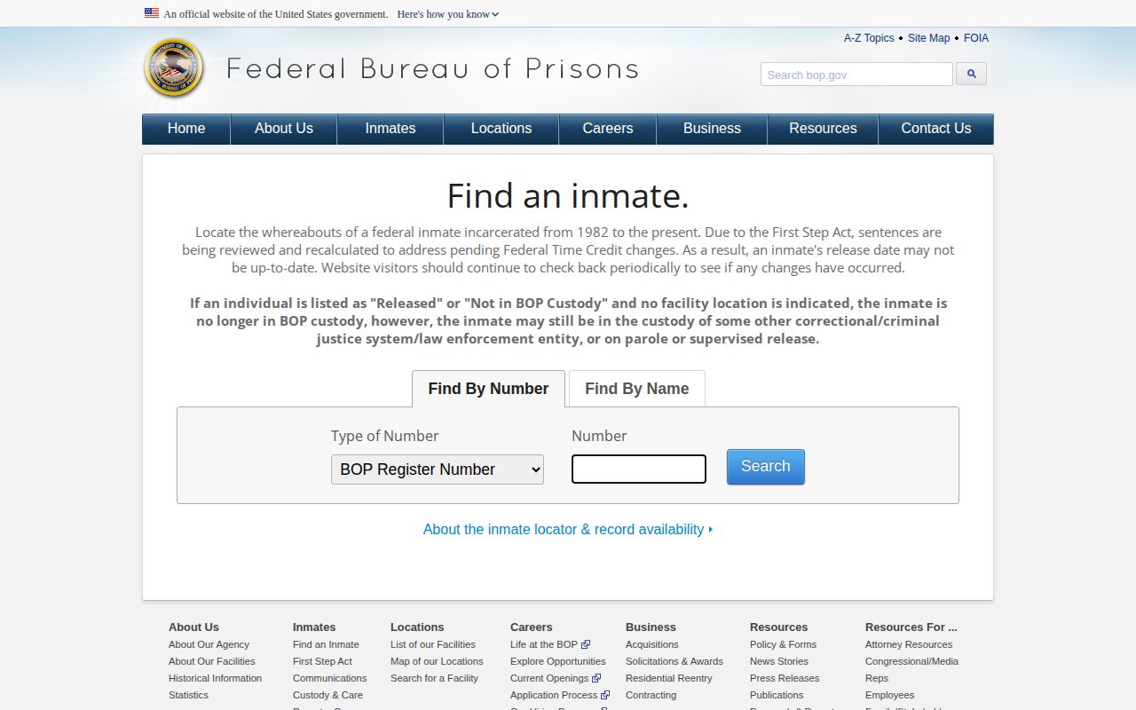 Federal Bureau of Prisons locator for a Lee County case with no public photo field