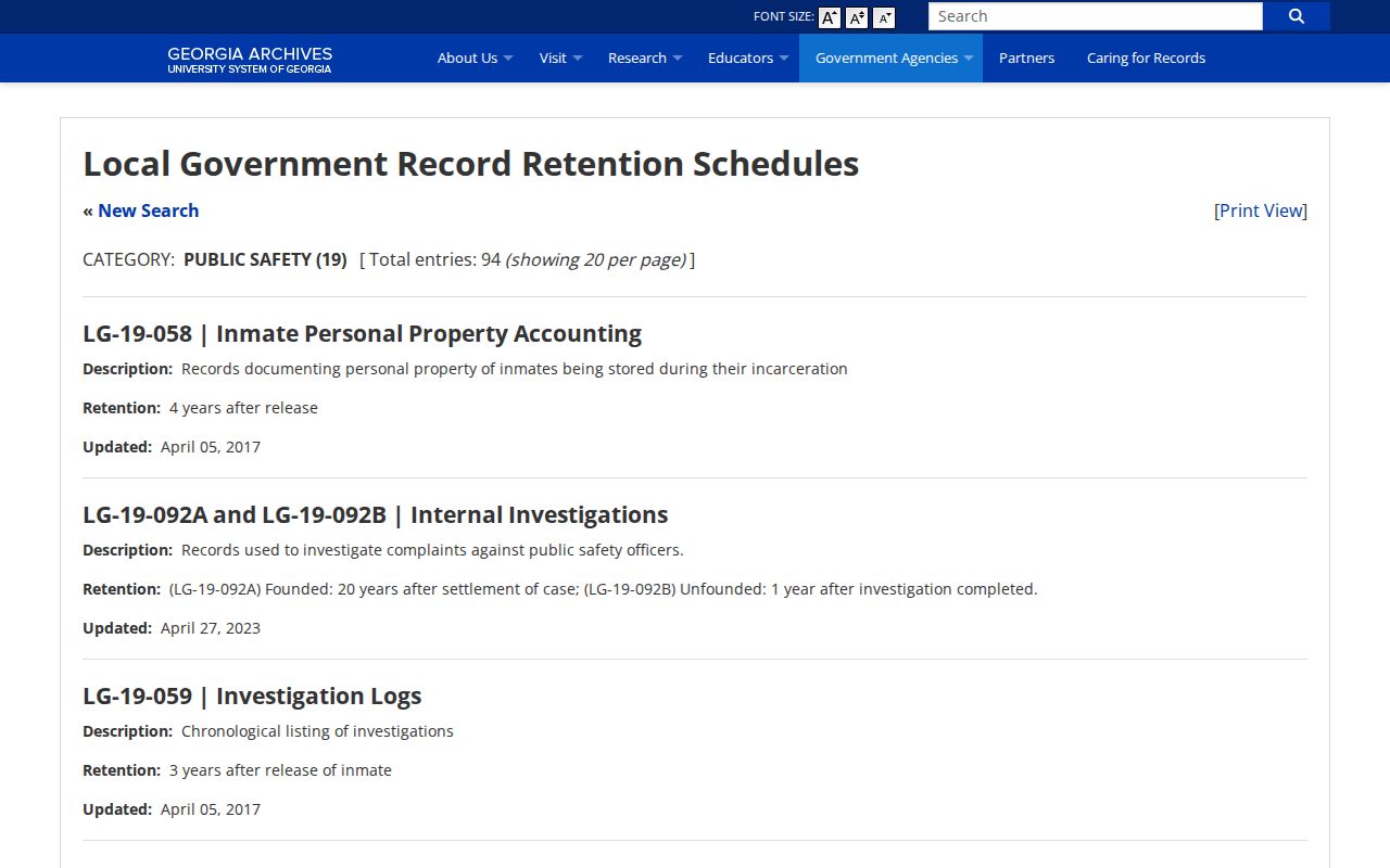 Georgia Archives retention classifications for Lee County jail booking records