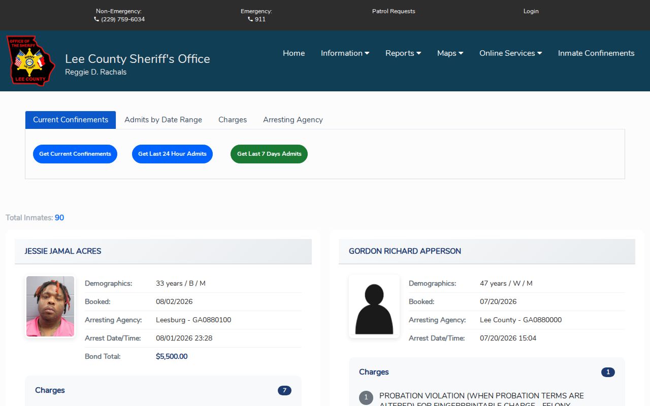 Lee County official current confinements and recent admissions search